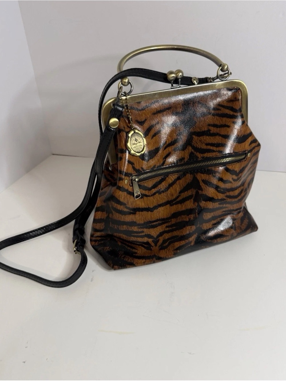 Patricia Nash Novella Frame Bag RARE Tiger Print Leather Kiss Lock Purse- MINT!